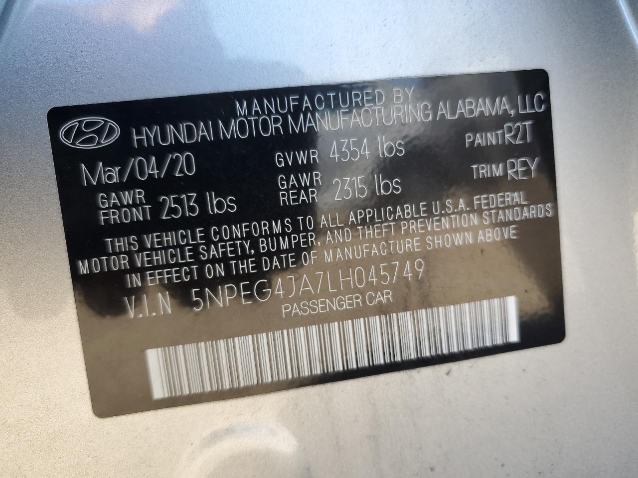 5NPEG4JA7LH045749 2020 Hyundai Sonata Se