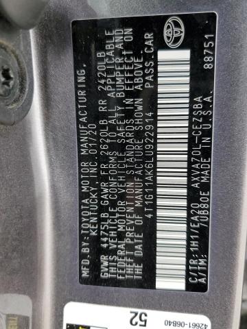 2020 Toyota Camry Se VIN: 4T1G11AK6LU922914 Lot: 51431014
