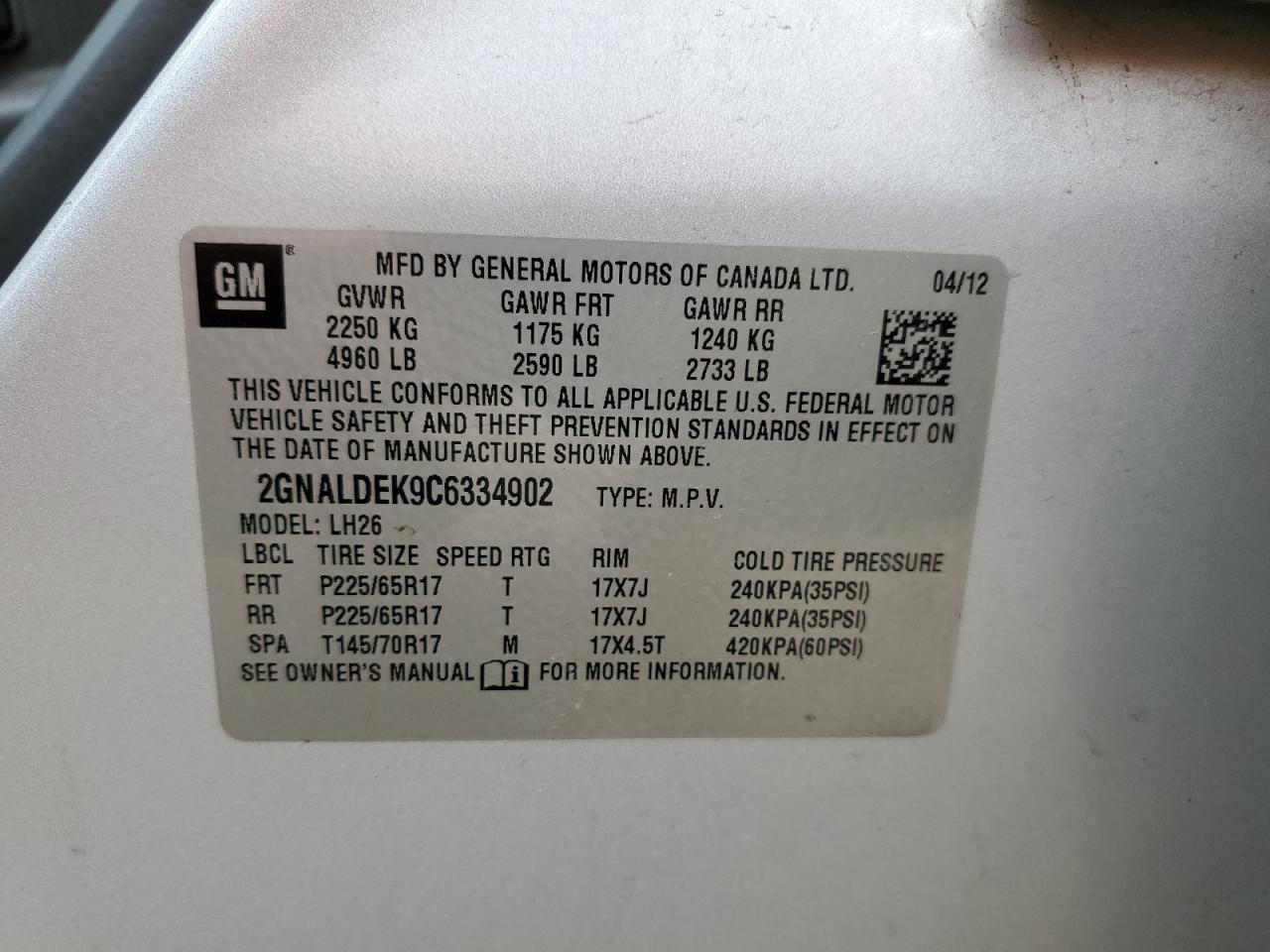 2GNALDEK9C6334902 2012 Chevrolet Equinox Lt