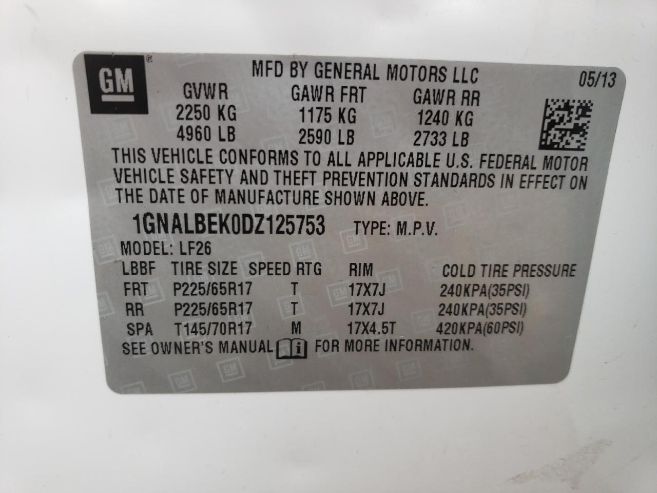 1GNALBEK0DZ125753 2013 Chevrolet Equinox Ls