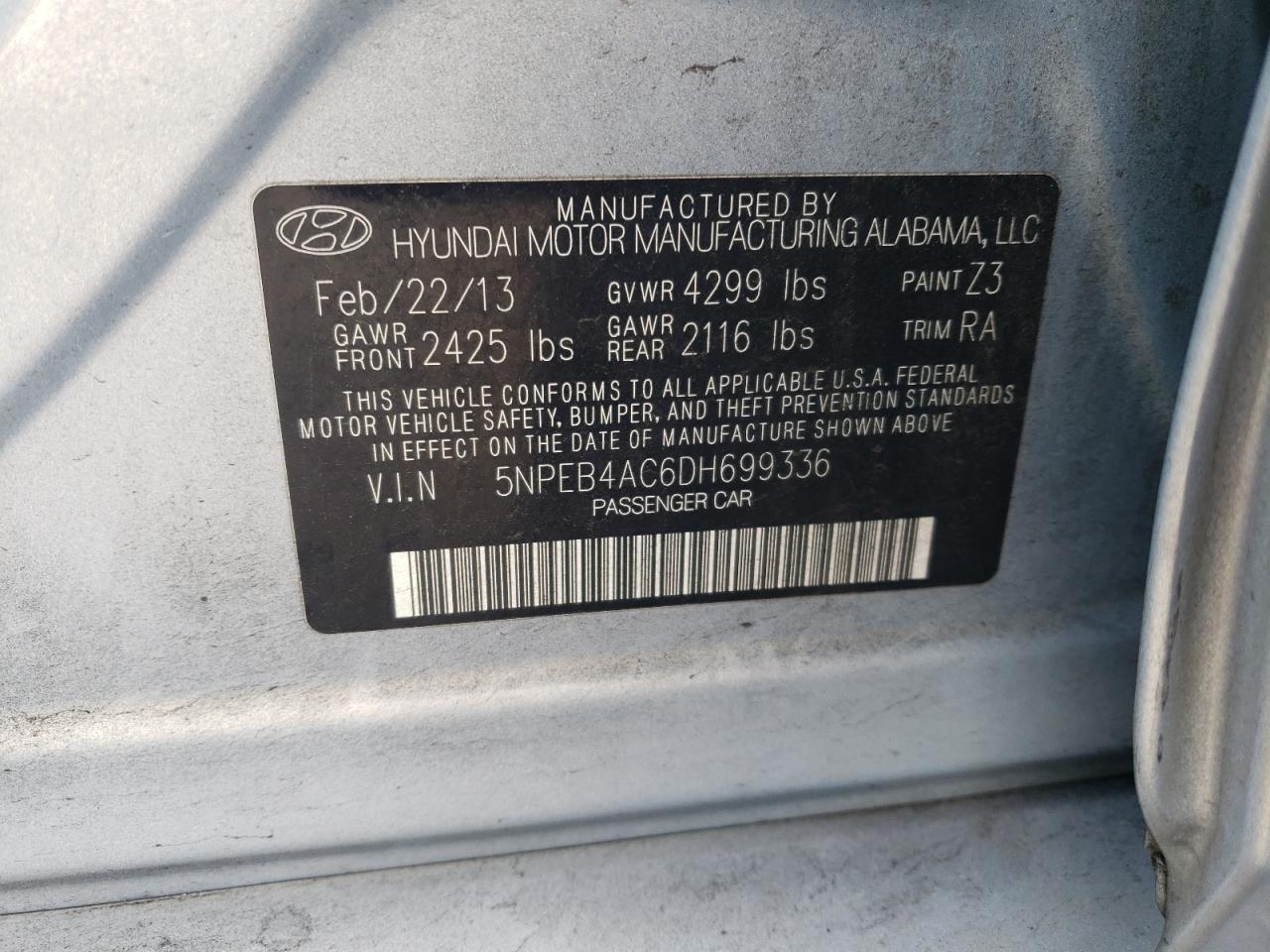 5NPEB4AC6DH699336 2013 Hyundai Sonata Gls