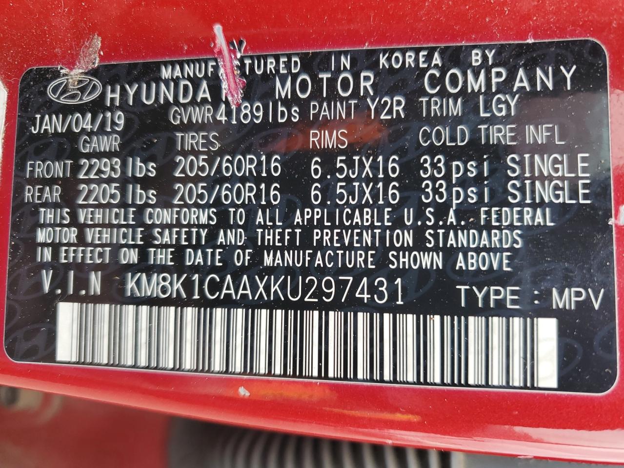 KM8K1CAAXKU297431 2019 Hyundai Kona Se