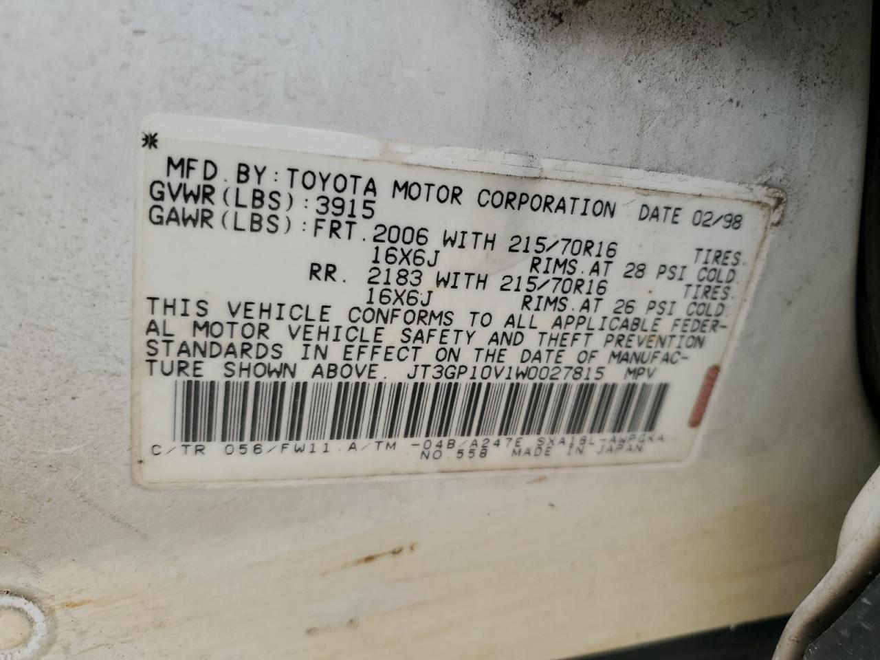 JT3GP10V1W0027815 1998 Toyota Rav4