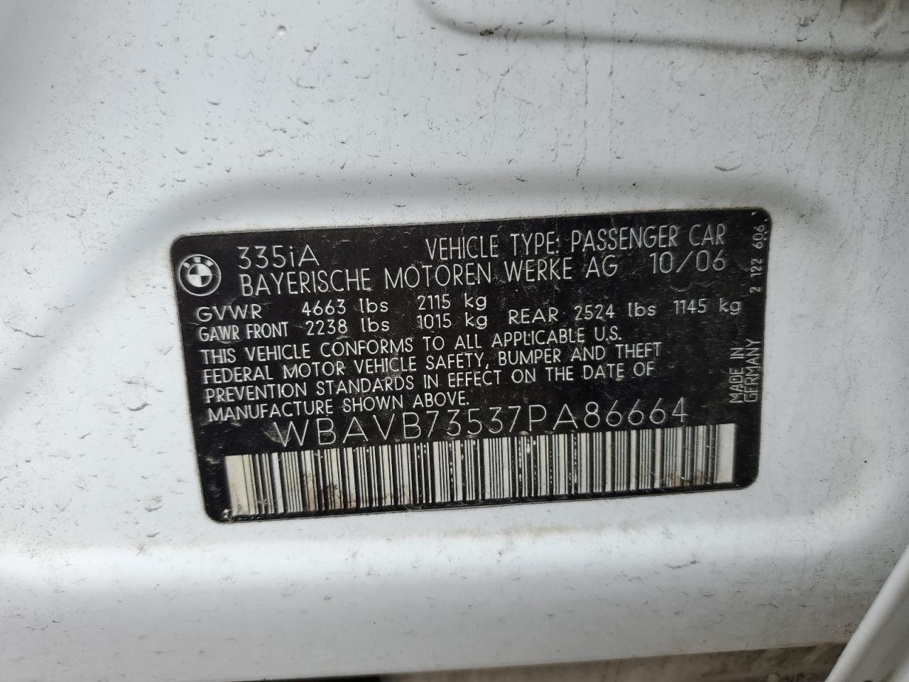 WBAVB73537PA86664 2007 BMW 335 I