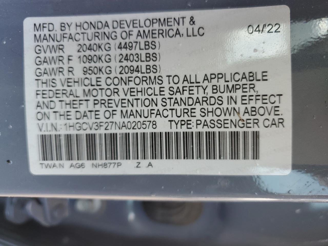 1HGCV3F27NA020578 2022 Honda Accord Hybrid Sport