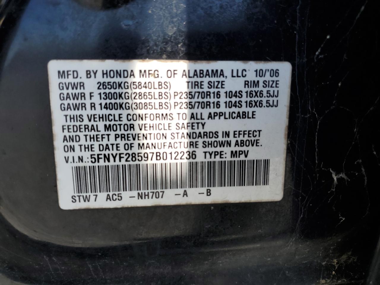 5FNYF28597B012236 2007 Honda Pilot Exl