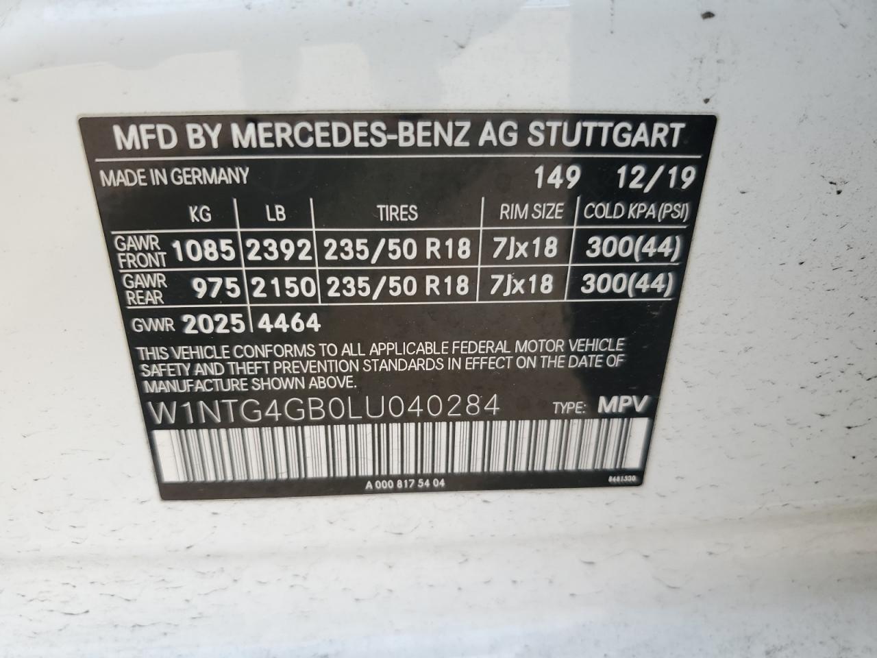 W1NTG4GB0LU040284 2020 Mercedes-Benz Gla 250 4Matic