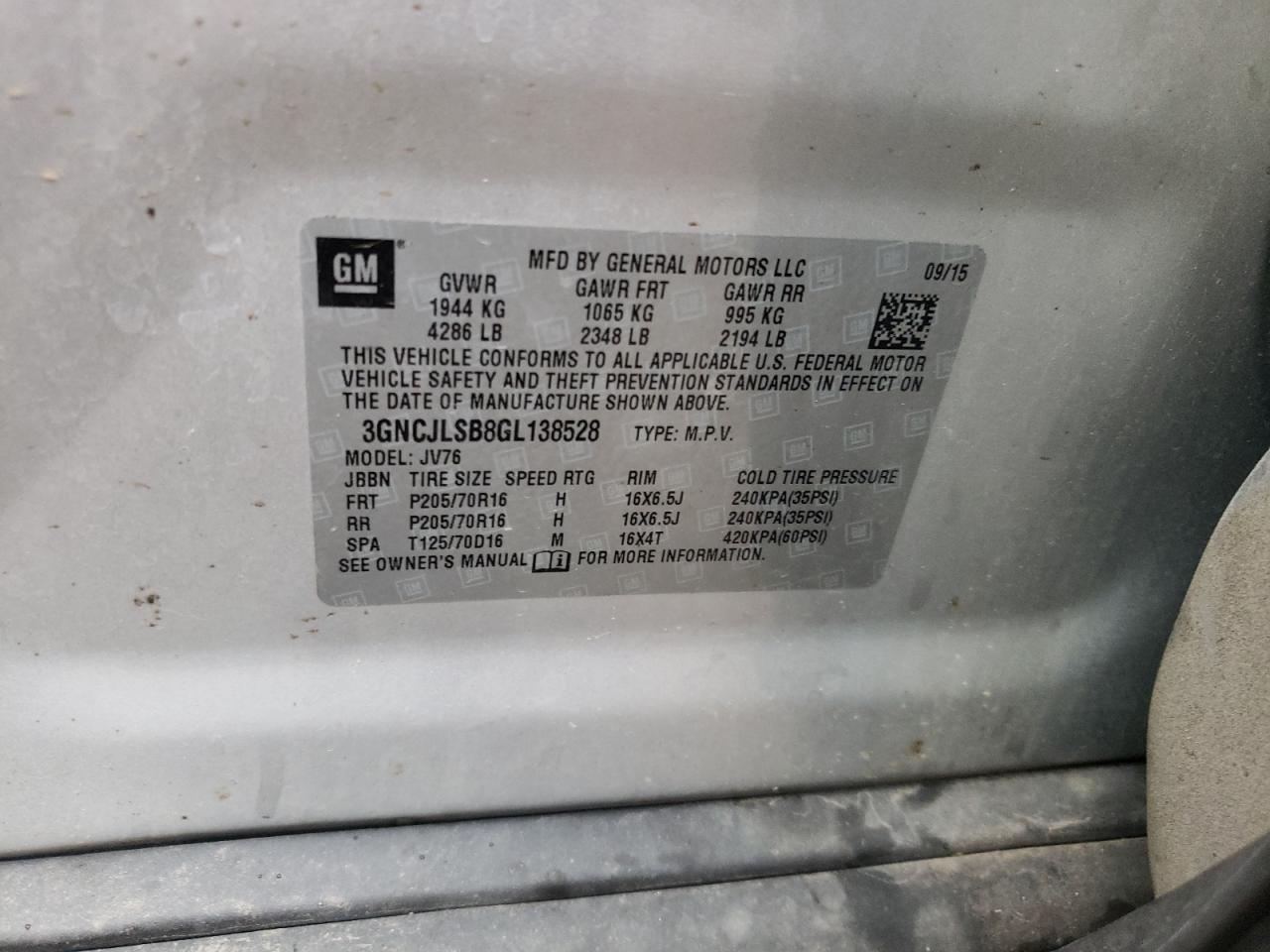 3GNCJLSB8GL138528 2016 Chevrolet Trax 1Lt