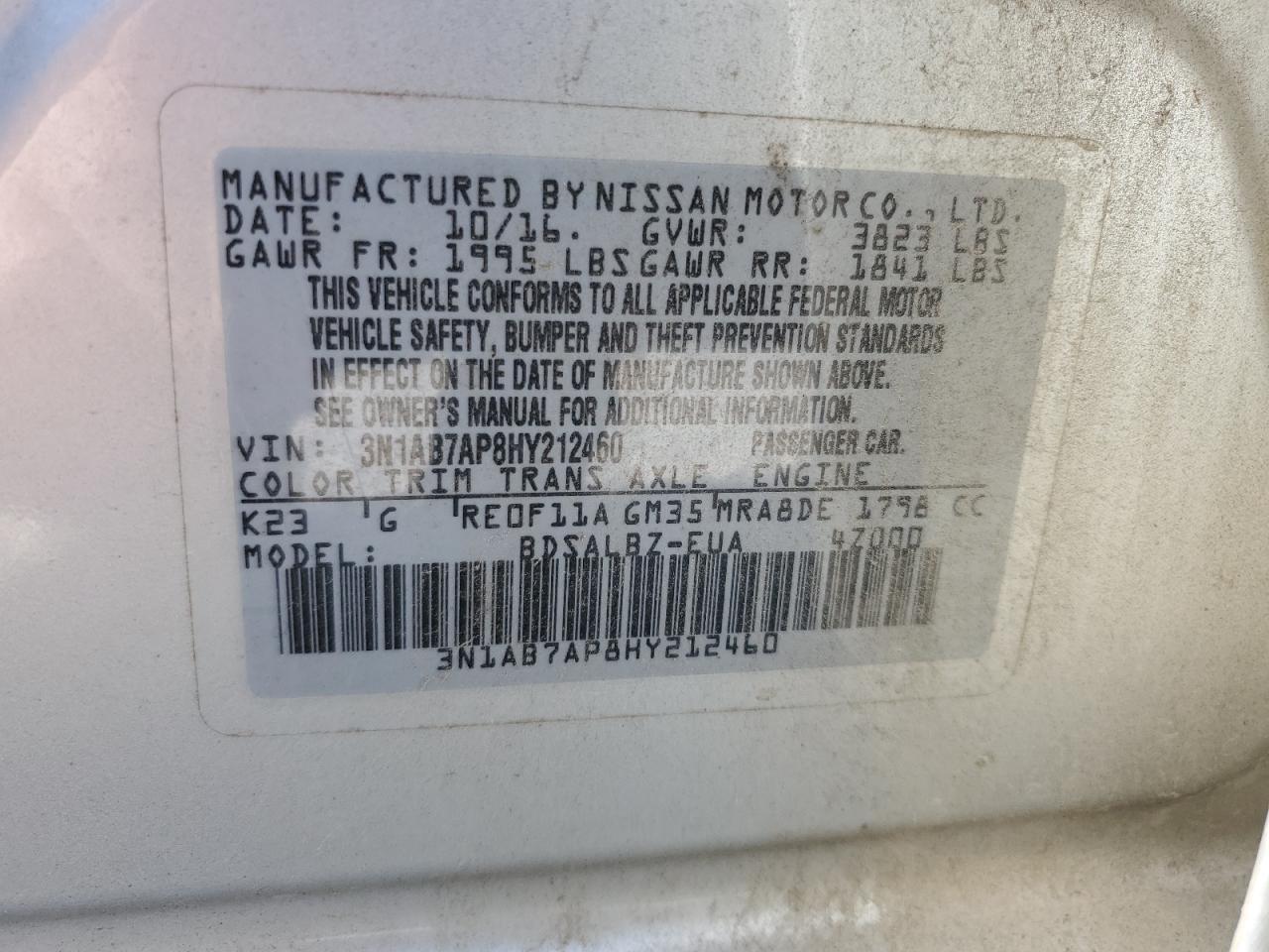 3N1AB7AP8HY212460 2017 Nissan Sentra S