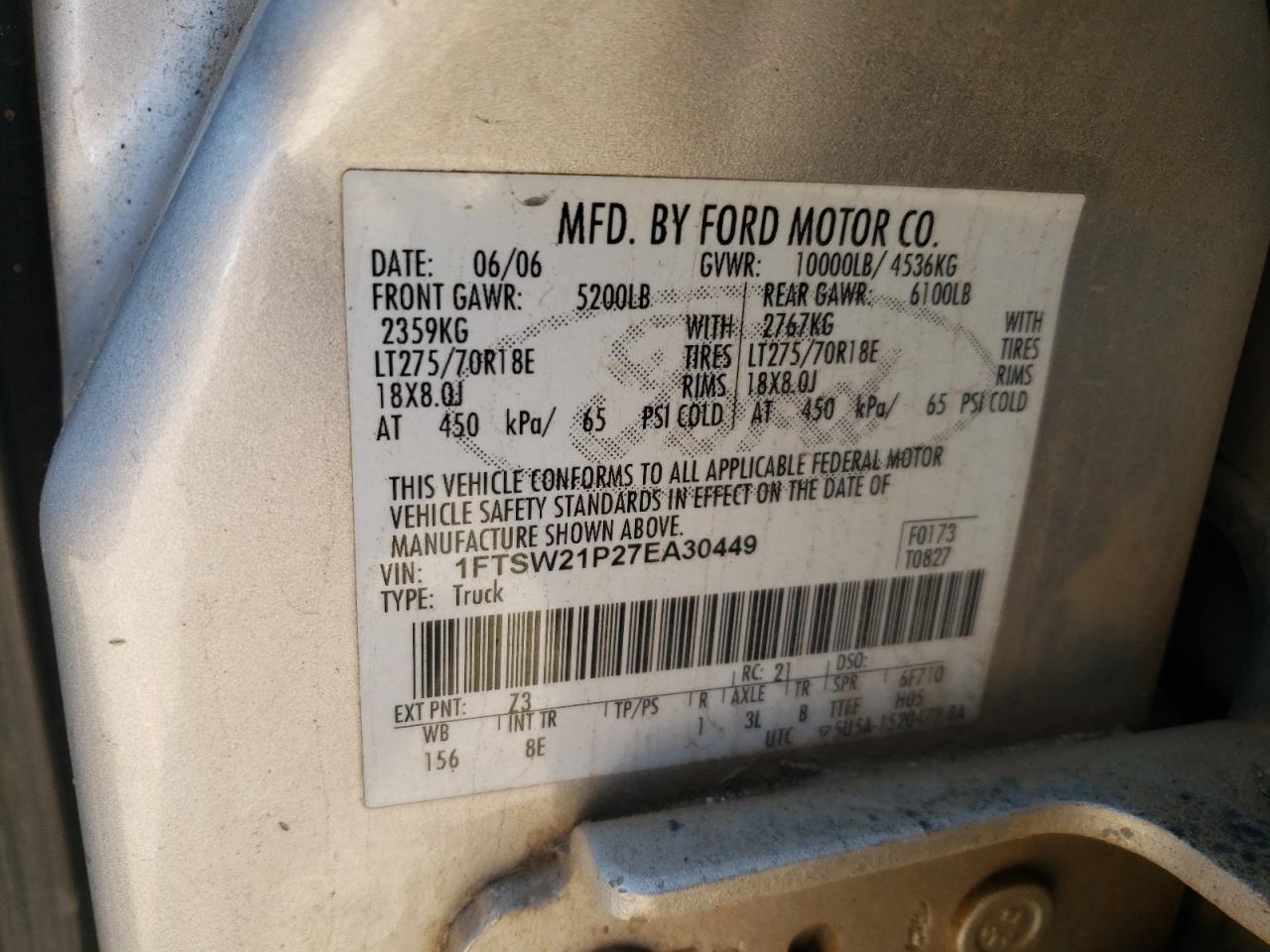 1FTSW21P27EA30449 2007 Ford F250 Super Duty