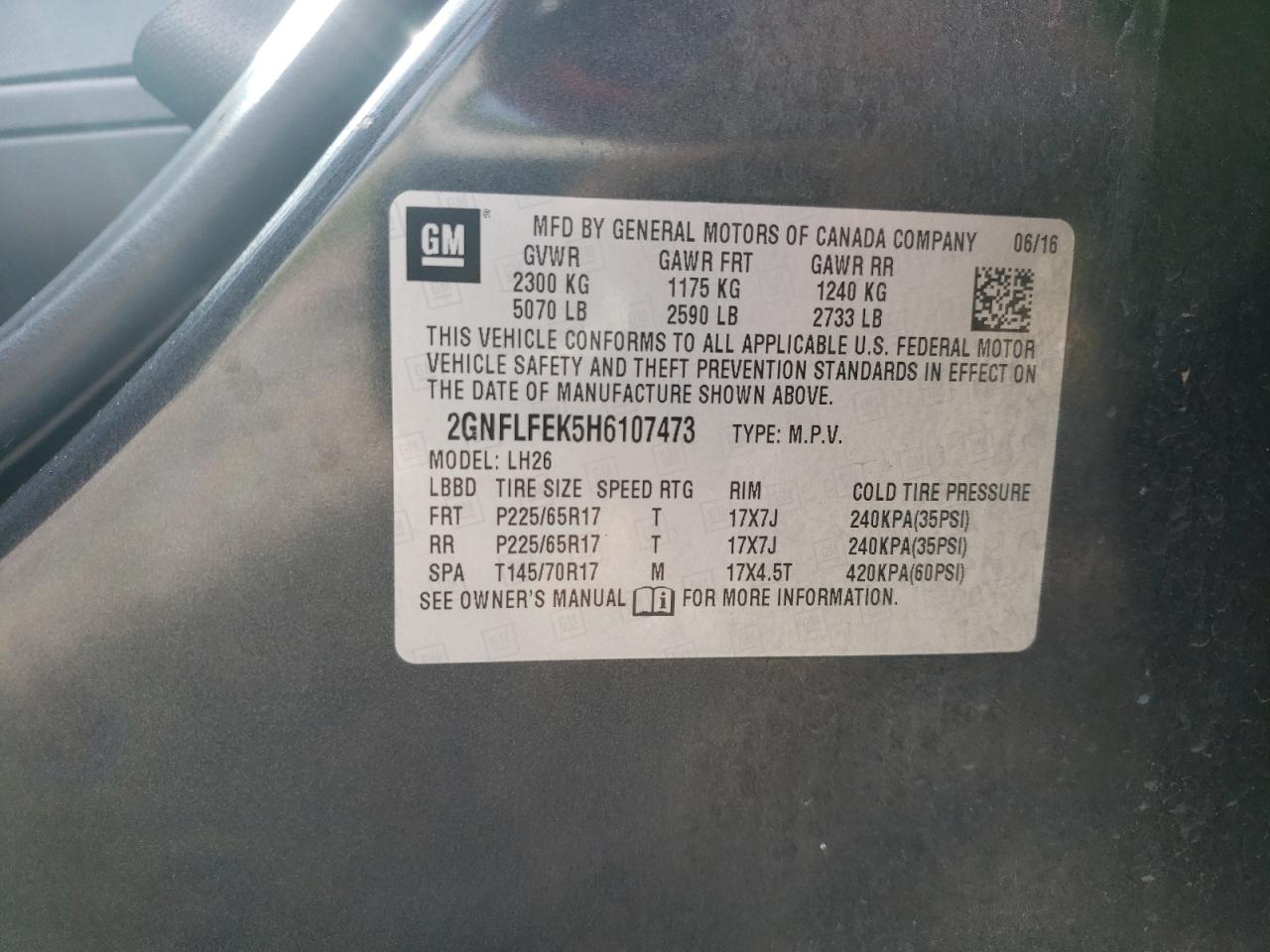 2GNFLFEK5H6107473 2017 Chevrolet Equinox Lt