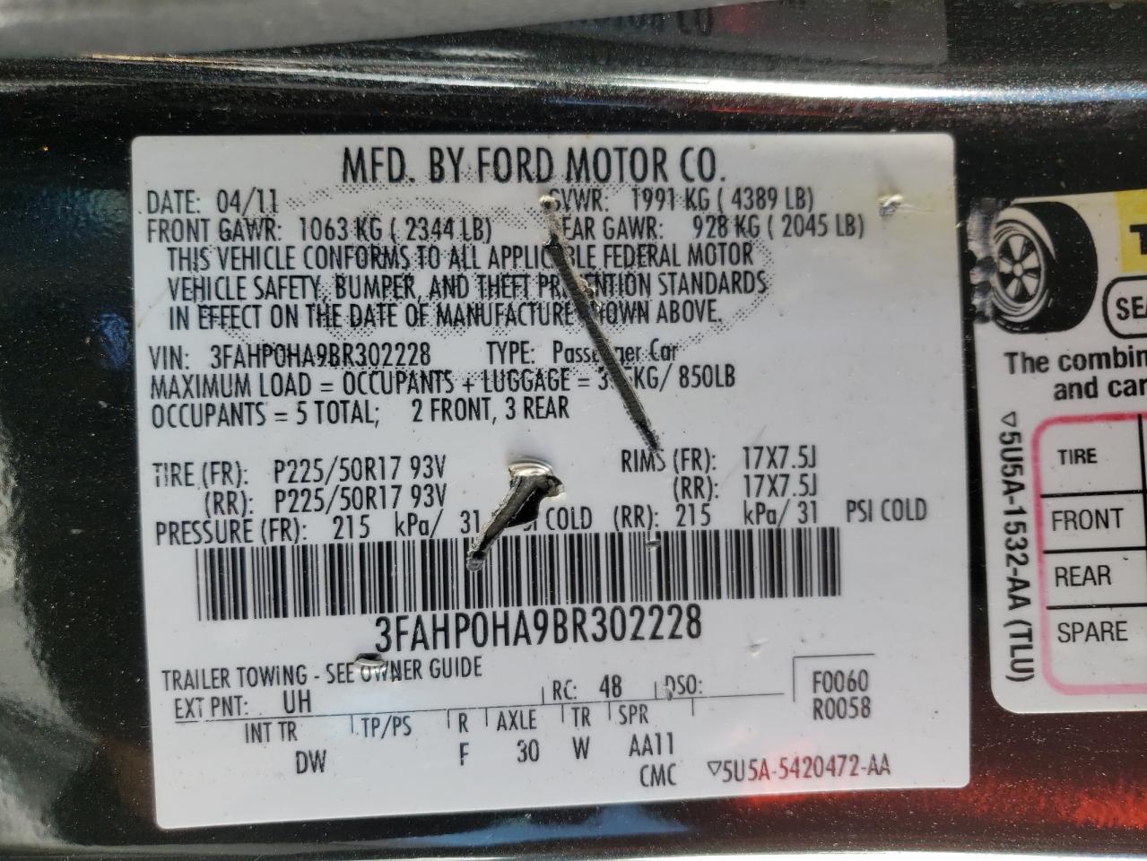 3FAHP0HA9BR302228 2011 Ford Fusion Se