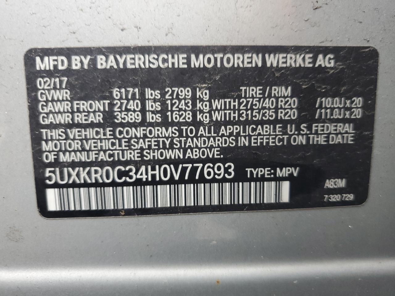 5UXKR0C34H0V77693 2017 BMW X5 xDrive35I