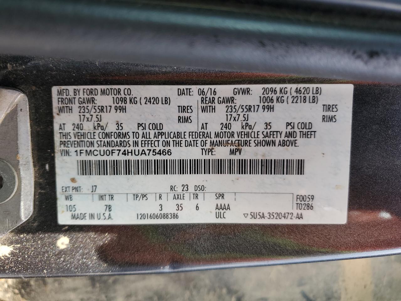 1FMCU0F74HUA75466 2017 Ford Escape S