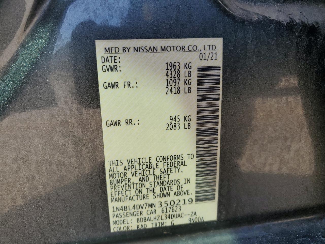 1N4BL4DV7MN350219 2021 Nissan Altima Sv