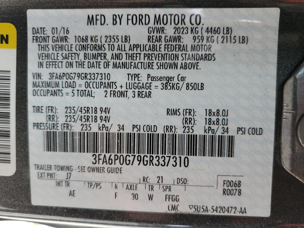 3FA6P0G79GR337310 2016 Ford Fusion S