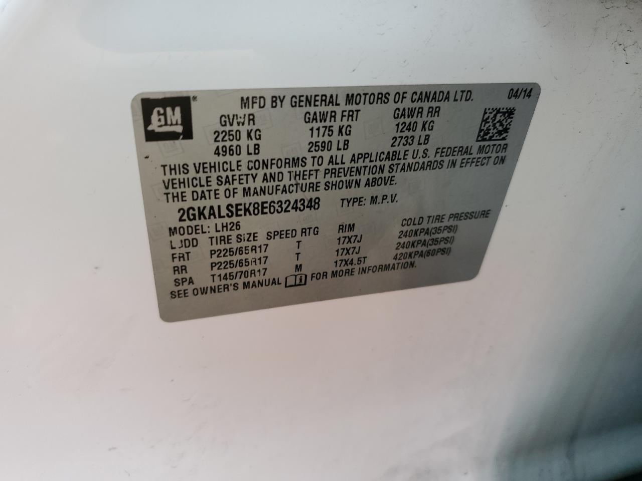 2GKALSEK8E6324348 2014 GMC Terrain Slt