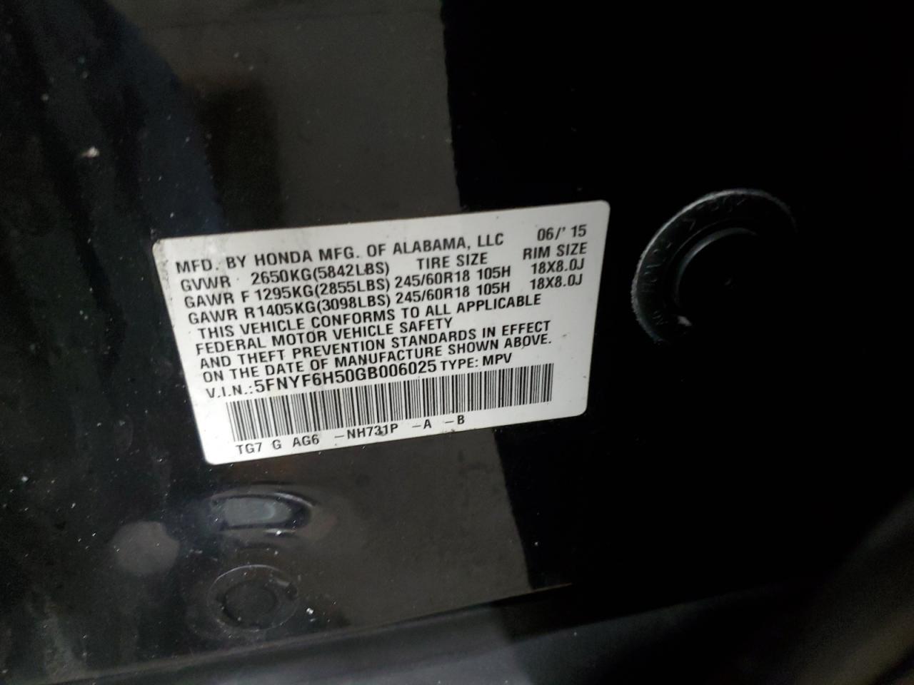 5FNYF6H50GB006025 2016 Honda Pilot Exl