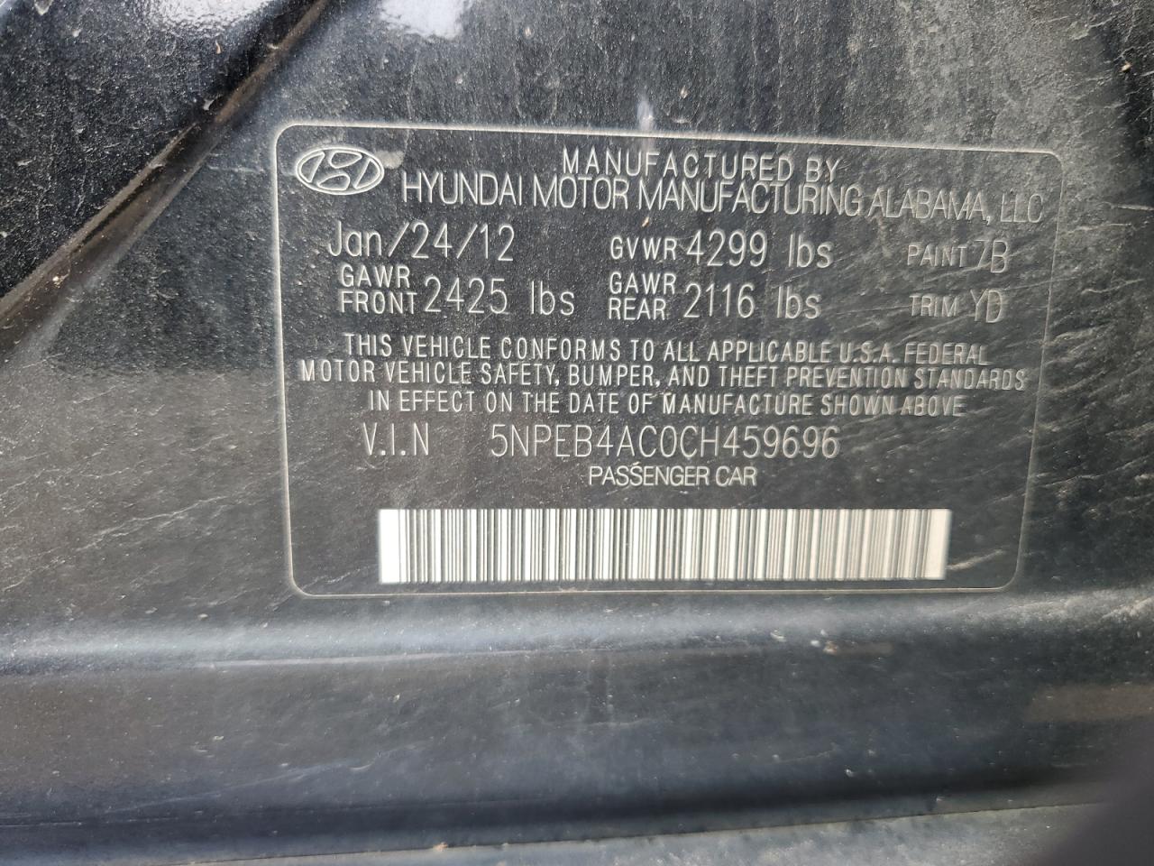 5NPEB4AC0CH459696 2012 Hyundai Sonata Gls