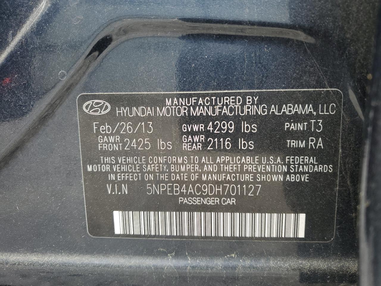 5NPEB4AC9DH701127 2013 Hyundai Sonata Gls