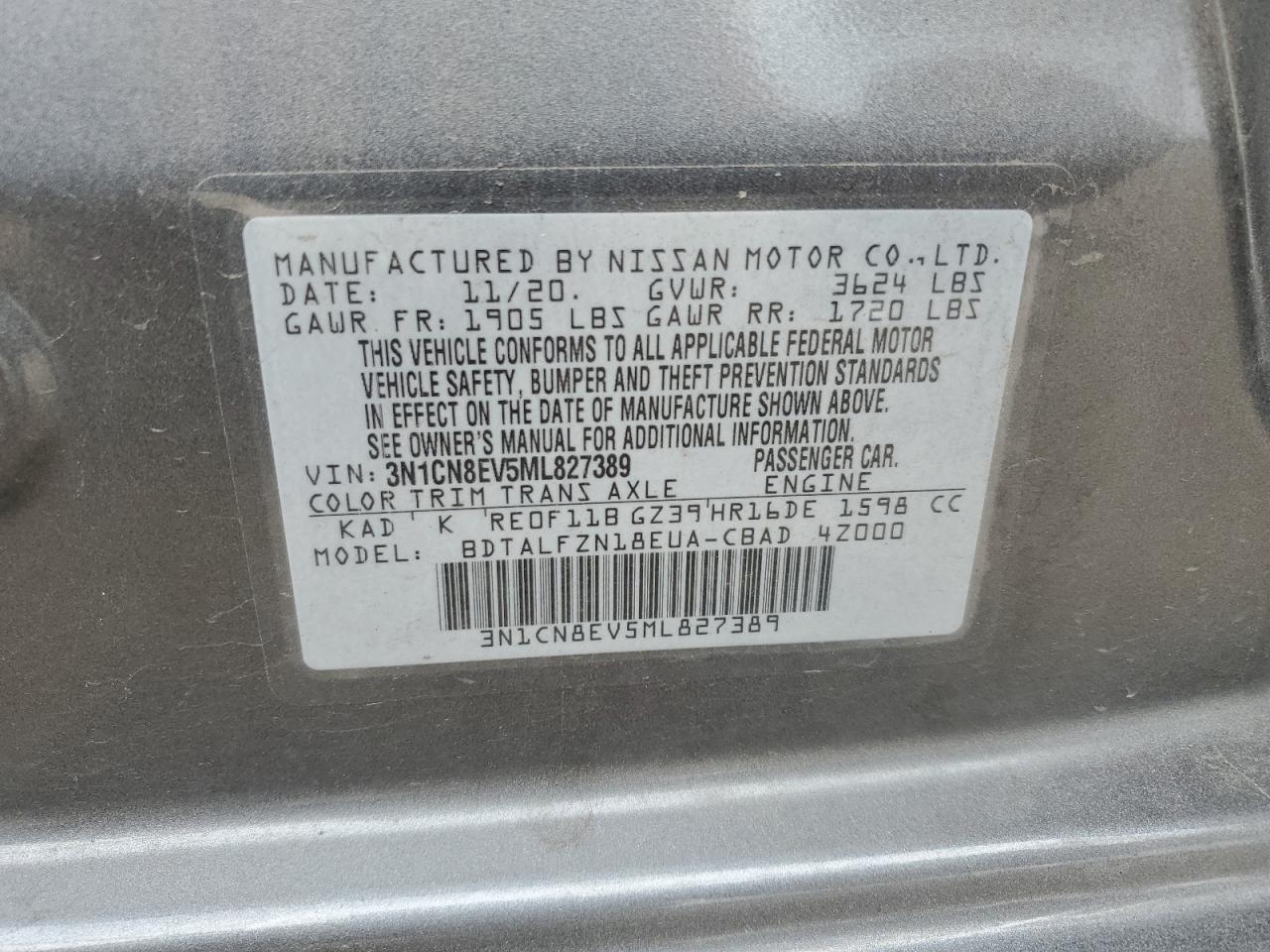 3N1CN8EV5ML827389 2021 Nissan Versa Sv