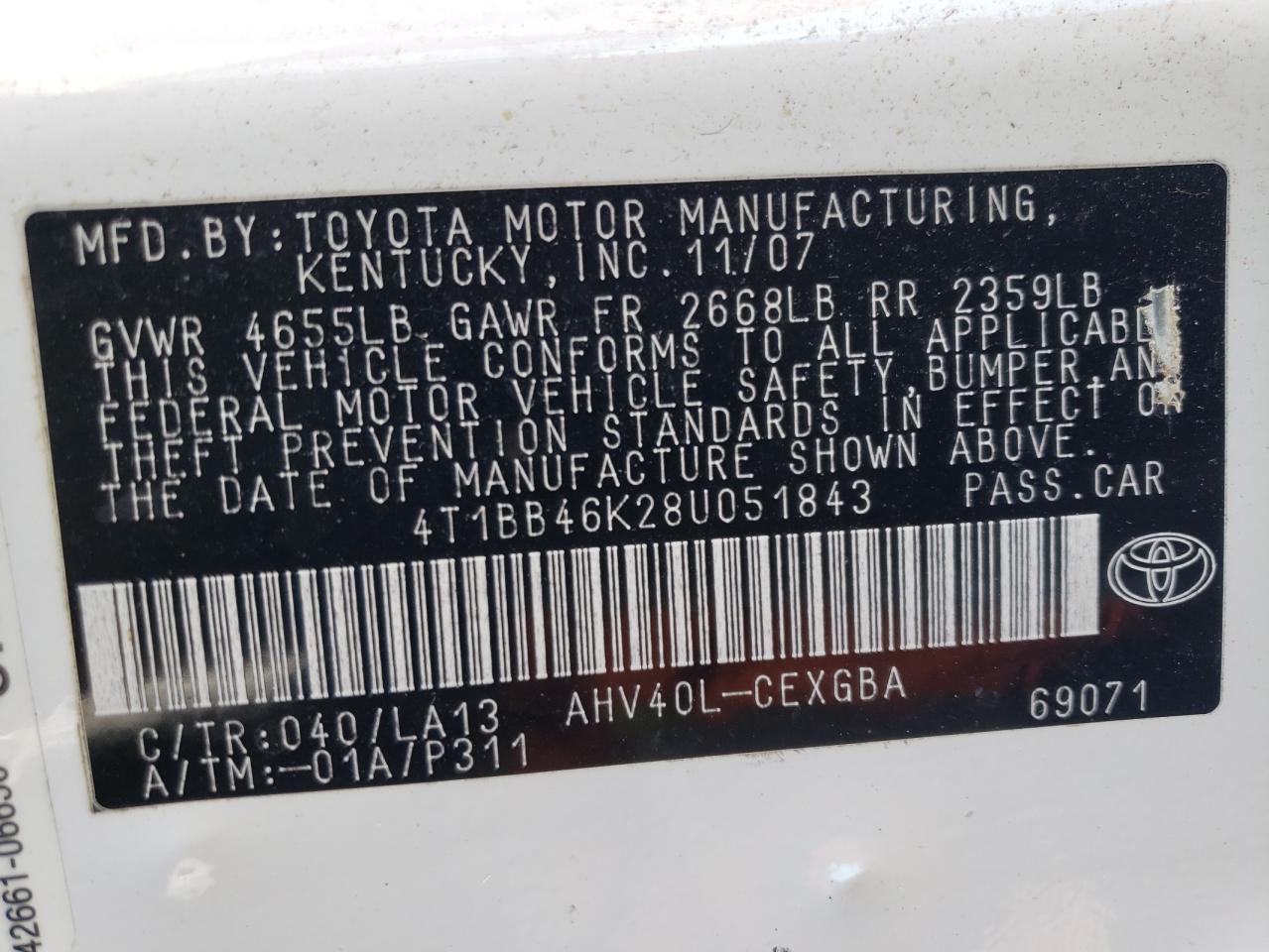 4T1BB46K28U051843 2008 Toyota Camry Hybrid