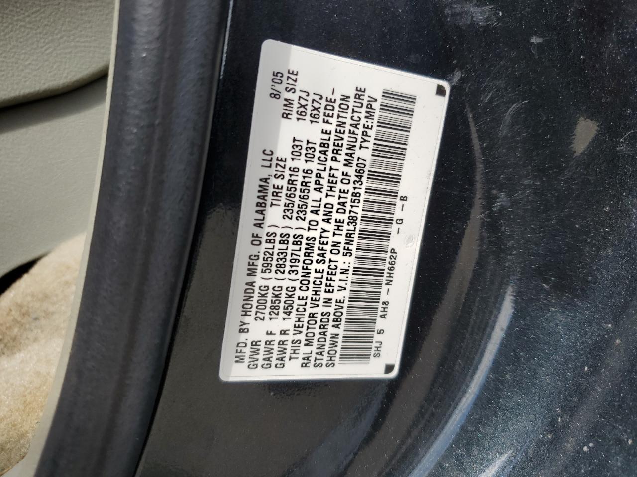 5FNRL38715B134607 2005 Honda Odyssey Exl