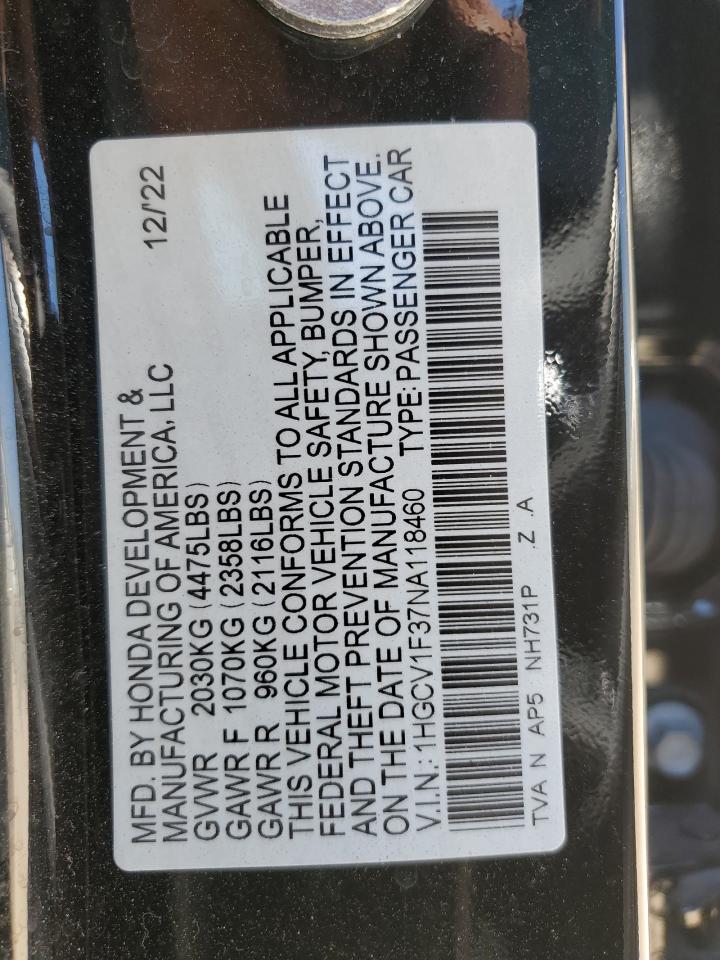 1HGCV1F37NA118460 2022 Honda Accord Sport