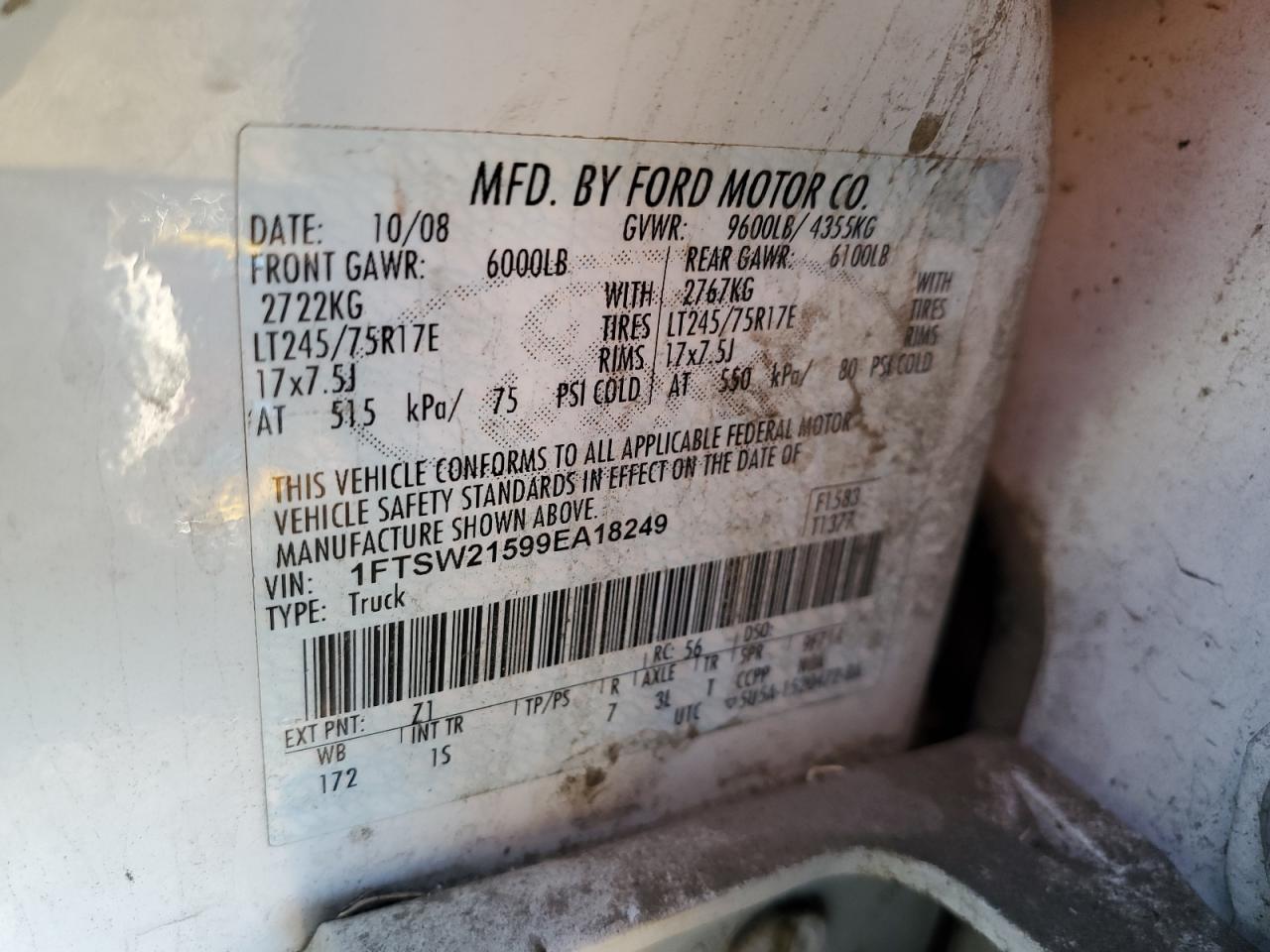 1FTSW21599EA18249 2009 Ford F250 Super Duty