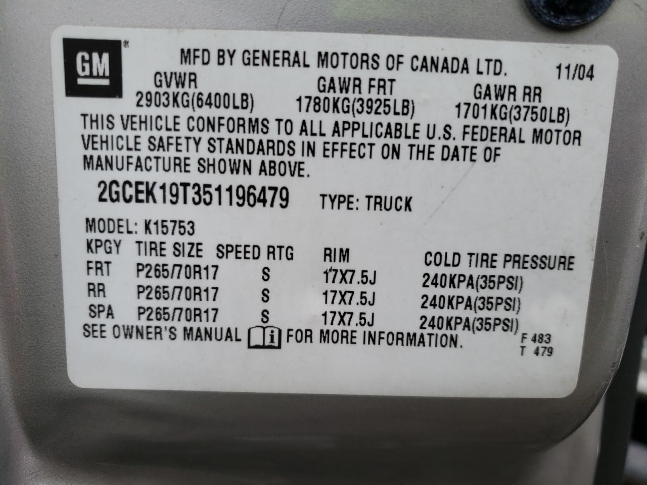 2GCEK19T351196479 2005 Chevrolet Silverado K1500