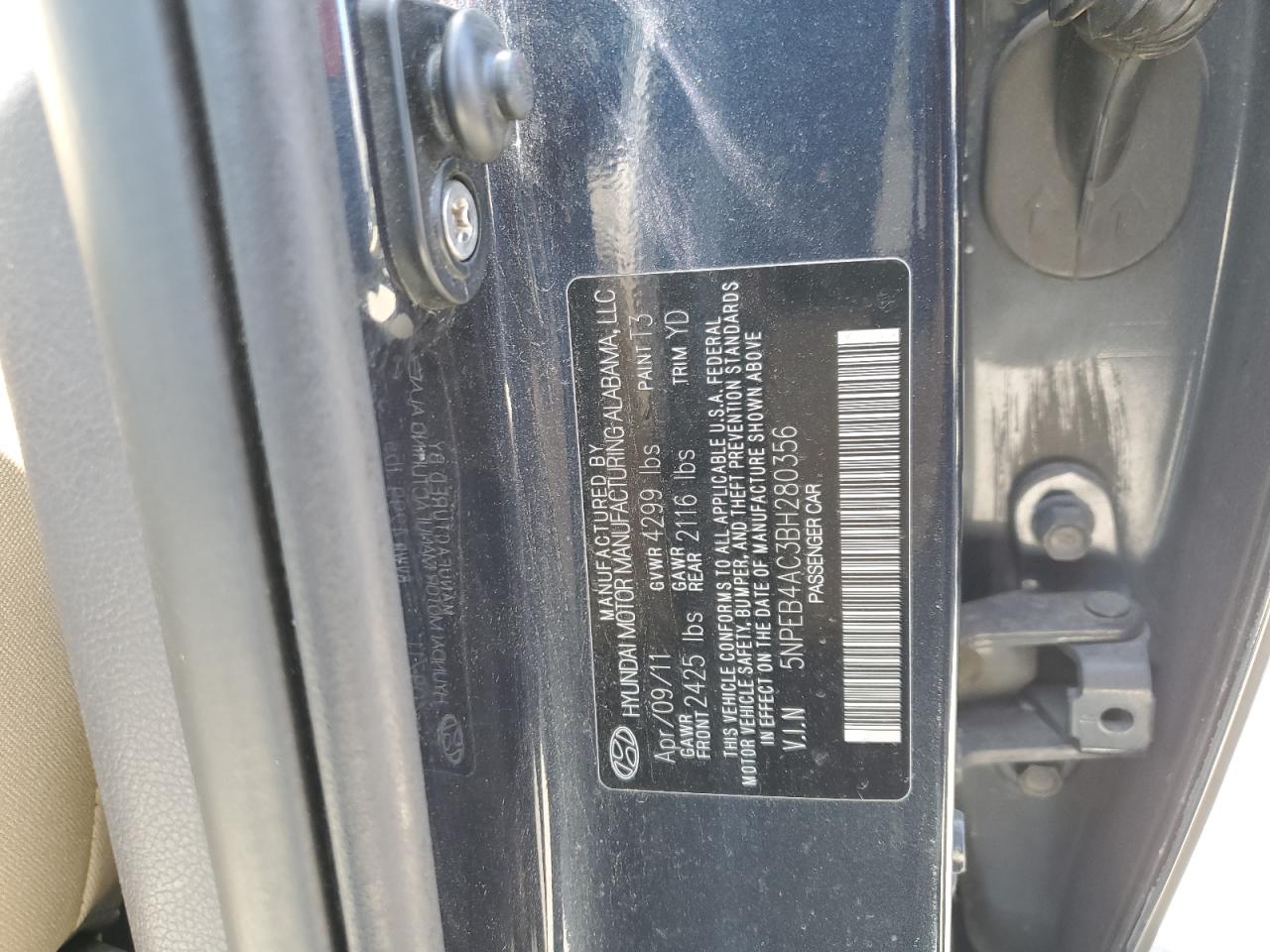 5NPEB4AC3BH280356 2011 Hyundai Sonata Gls