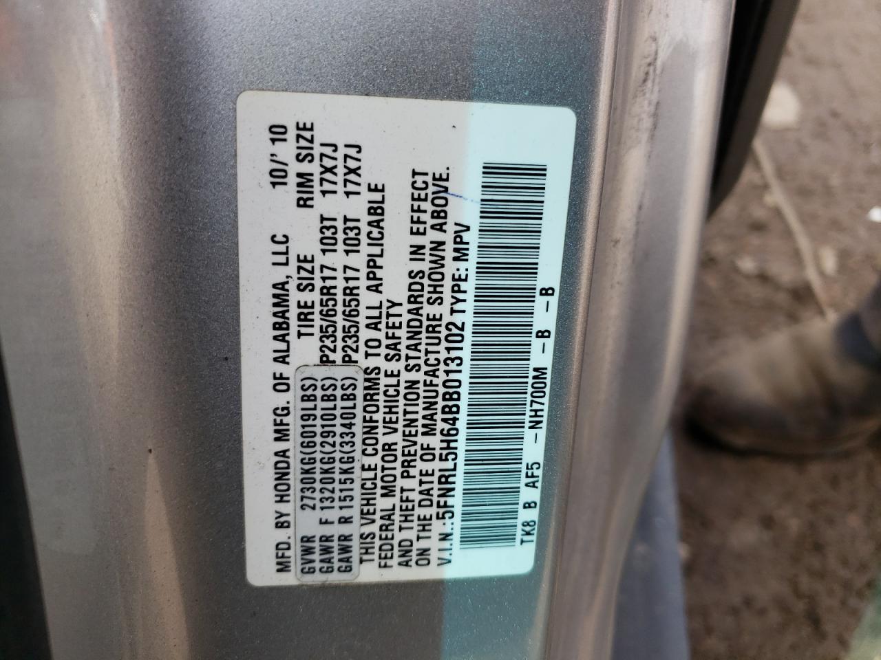 5FNRL5H64BB013102 2011 Honda Odyssey Exl