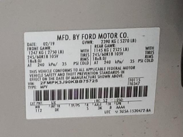 2019 Ford Edge Sel VIN: 2FMPK3J90KBB75725 Lot: 51465164