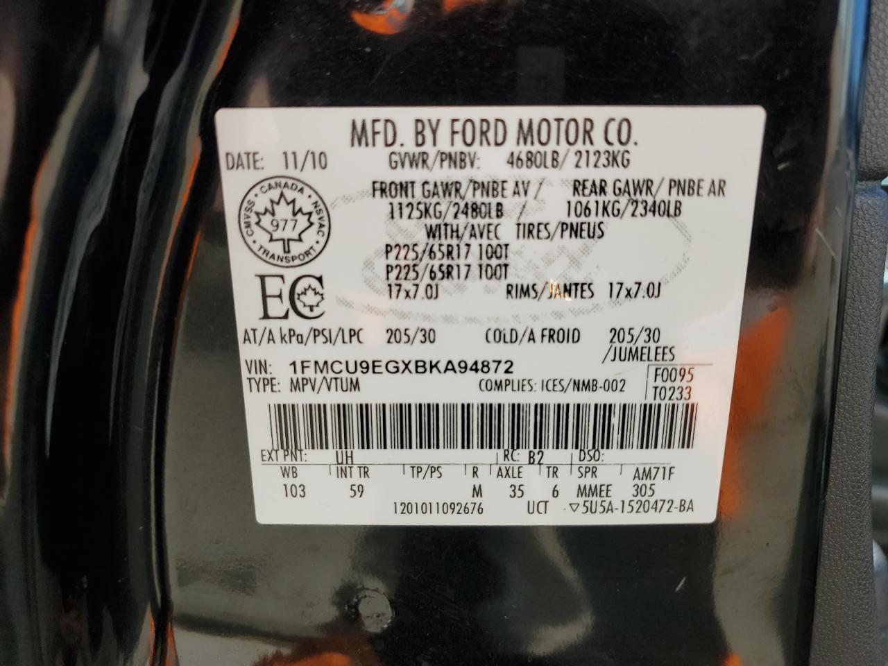 1FMCU9EGXBKA94872 2011 Ford Escape Limited