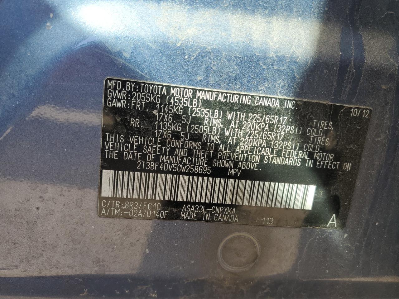 2T3BF4DV5CW258695 2012 Toyota Rav4