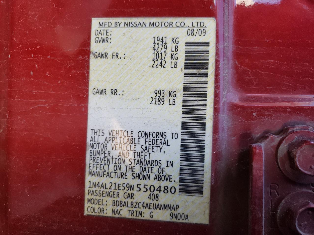 1N4AL21E59N550480 2009 Nissan Altima 2.5