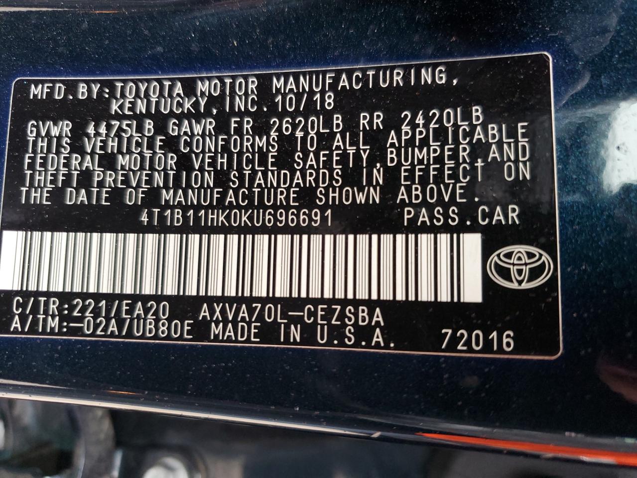 2019 Toyota Camry L vin: 4T1B11HK0KU696691