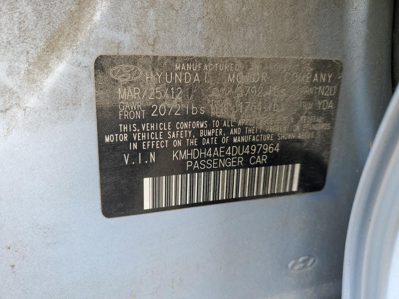 KMHDH4AE4DU497964 2013 Hyundai Elantra Gls