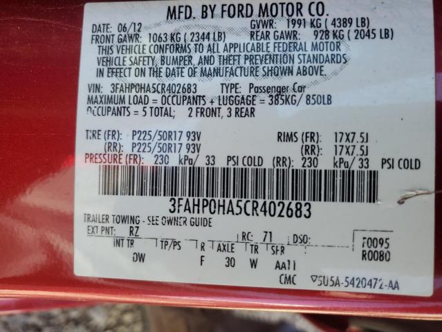 2012 Ford Fusion Se VIN: 3FAHP0HA5CR402683 Lot: 50299614
