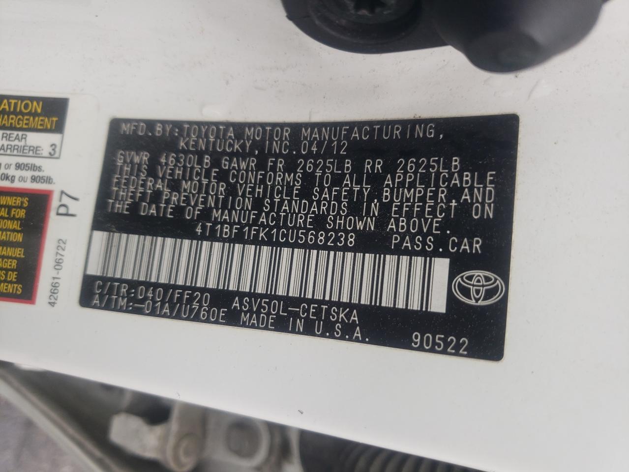 4T1BF1FK1CU568238 2012 Toyota Camry Base