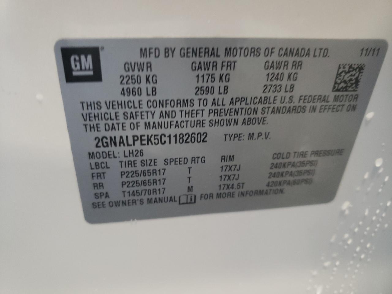 2GNALPEK5C1182602 2012 Chevrolet Equinox Lt