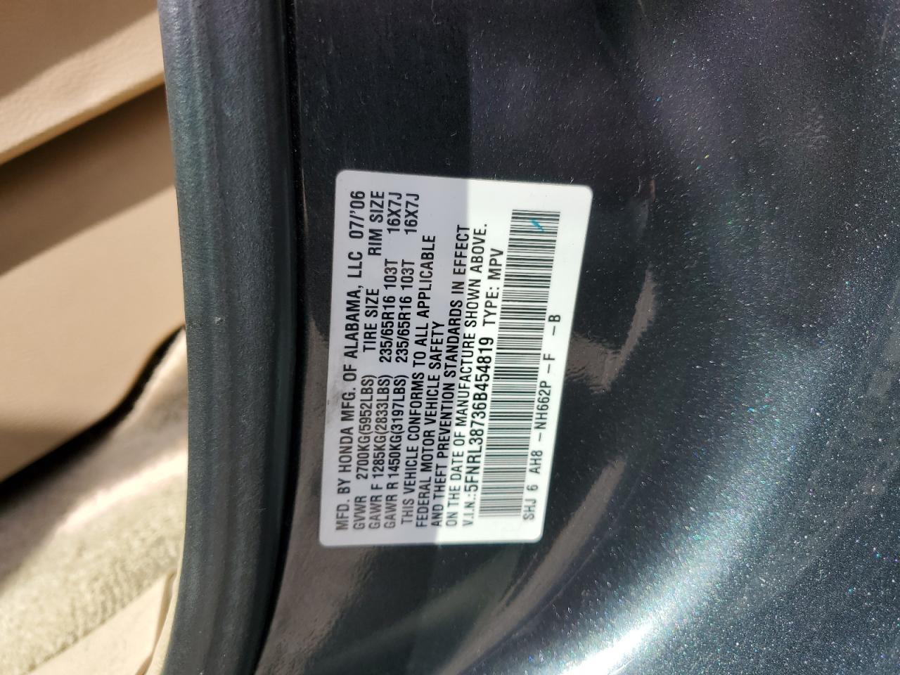 5FNRL38736B454819 2006 Honda Odyssey Exl