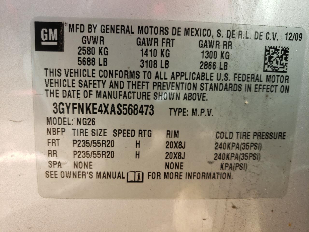 3GYFNKE4XAS568473 2010 Cadillac Srx Premium Collection