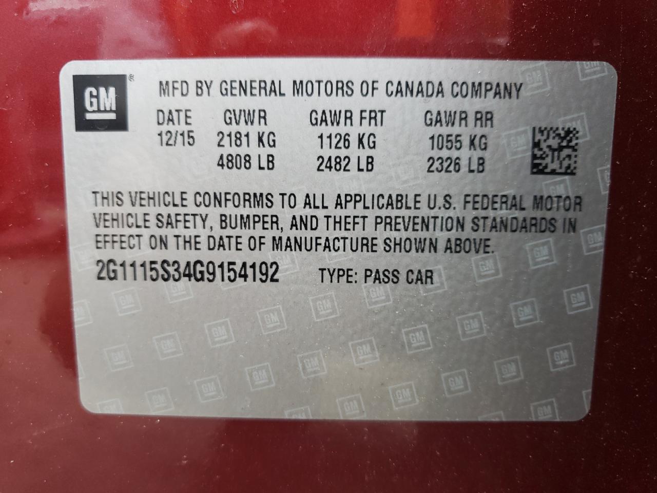 2G1115S34G9154192 2016 Chevrolet Impala Lt