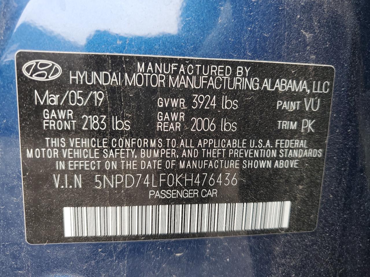 5NPD74LF0KH476436 2019 Hyundai Elantra Se