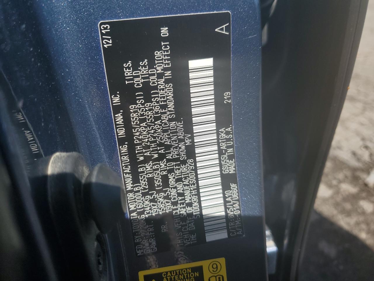 5TDDKRFH1ES007928 2014 Toyota Highlander Limited