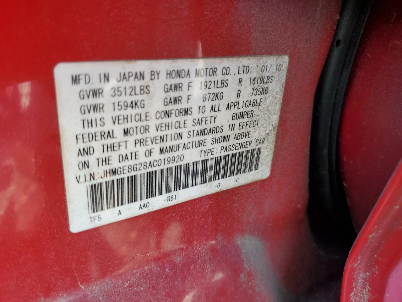 JHMGE8G28AC019920 2010 Honda Fit