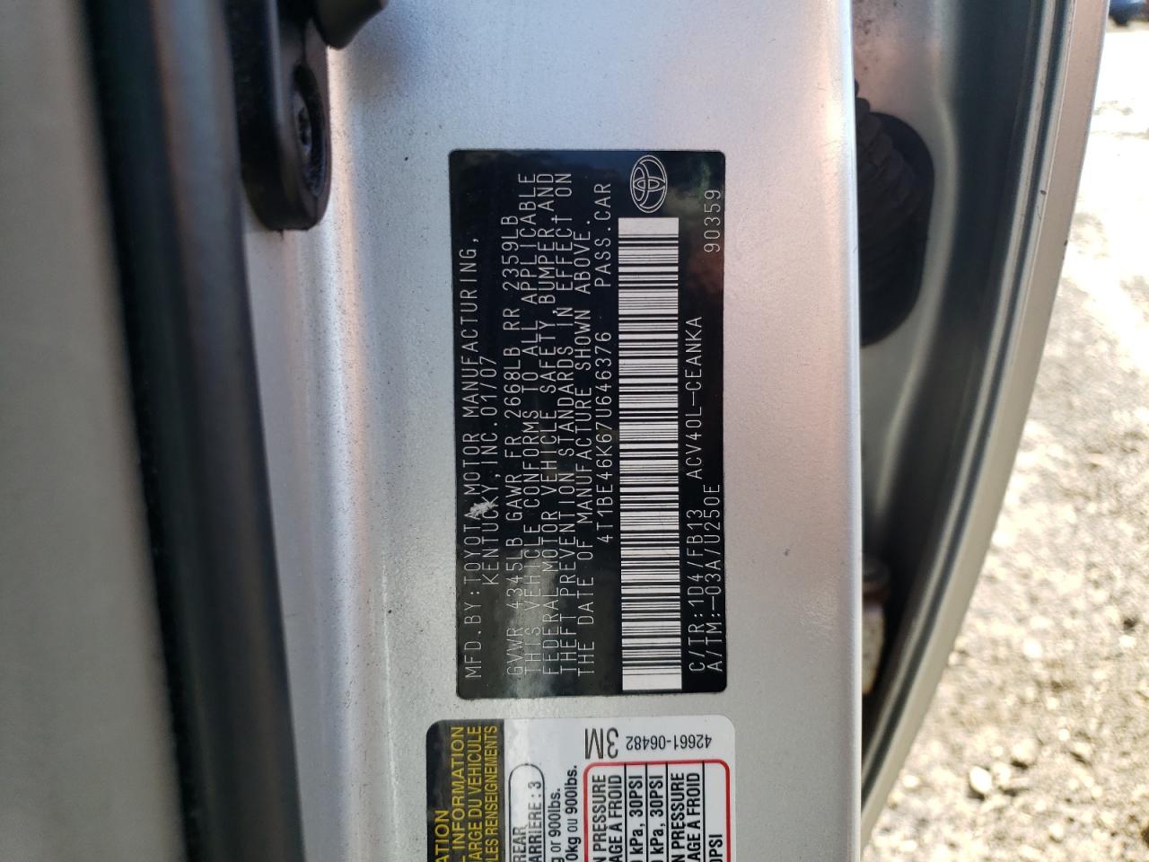 4T1BE46K67U646376 2007 Toyota Camry Ce