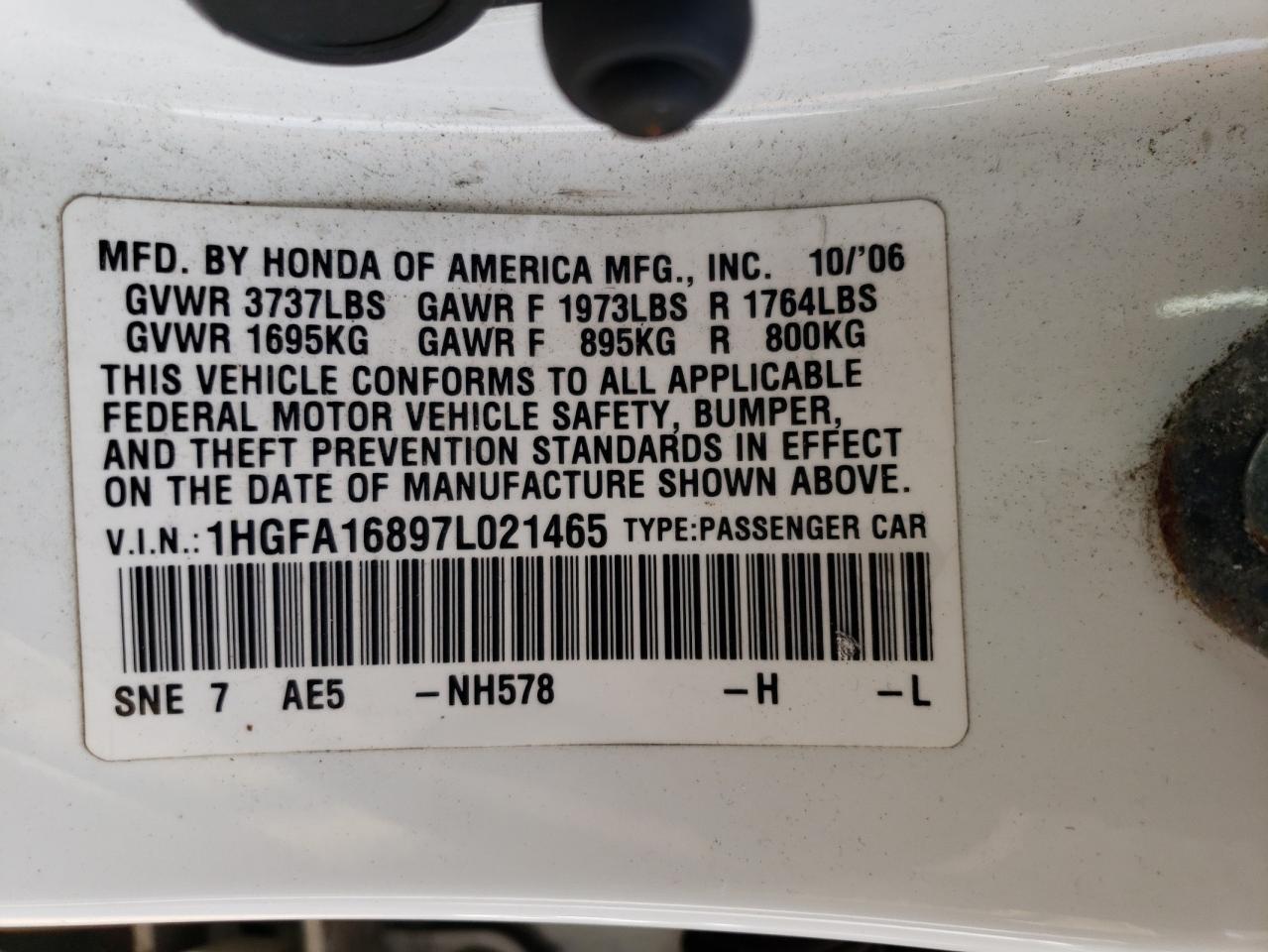 1HGFA16897L021465 2007 Honda Civic Ex