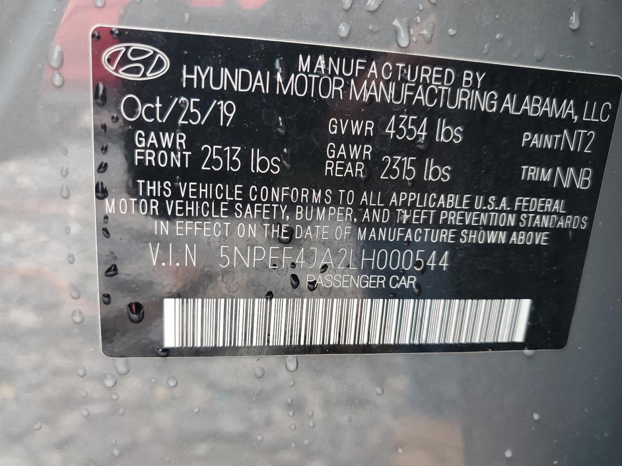 2020 Hyundai Sonata Sel vin: 5NPEF4JA2LH000544